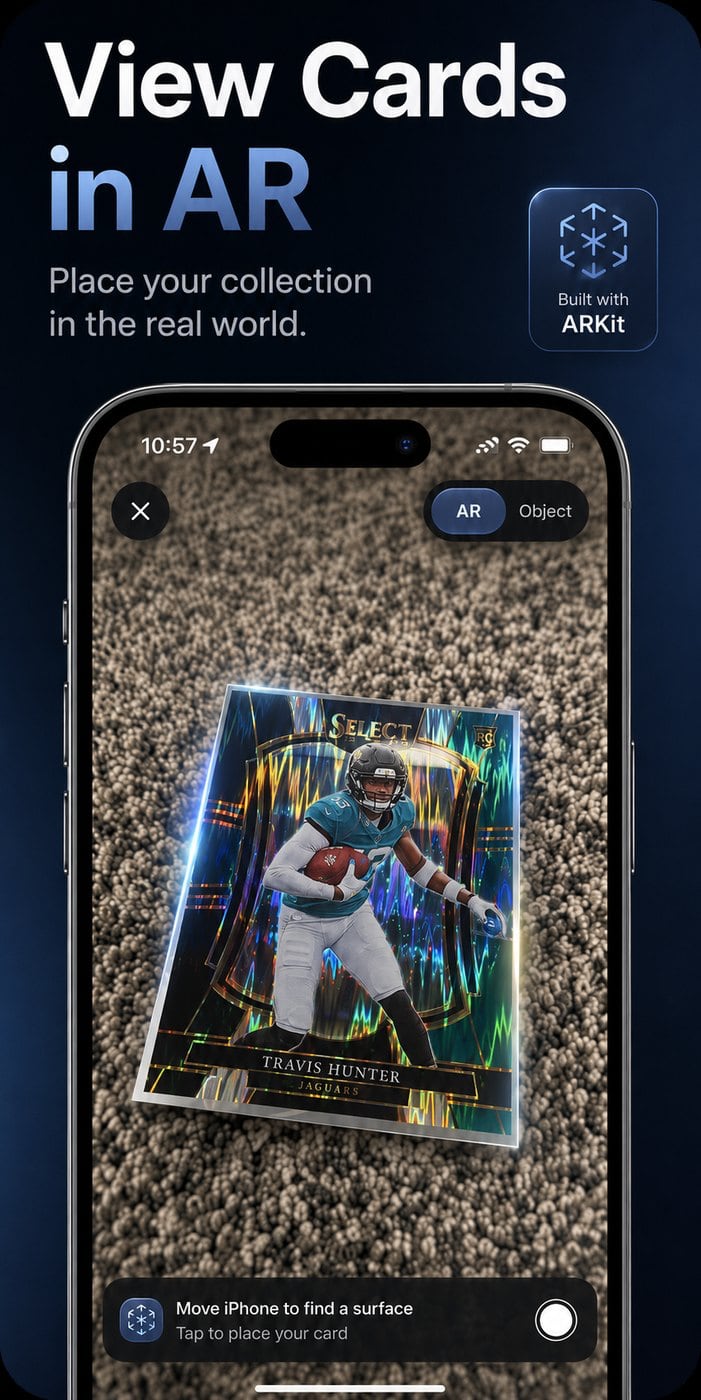 BinderIQ View Cards in AR: a Travis Hunter Select card placed in augmented reality on a real surface through the camera, built with ARKit