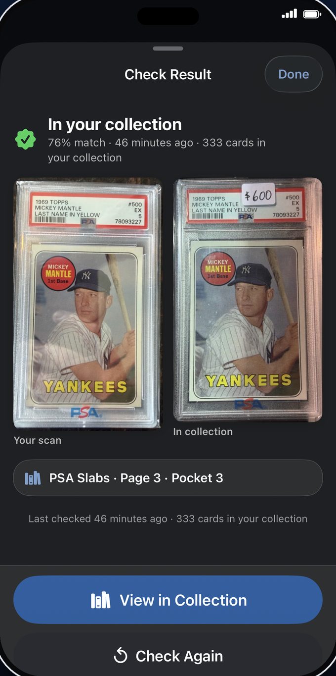 BinderIQ duplicate check result: a scanned 1969 Topps Mickey Mantle PSA 5 matched against the collection and located in the PSA Slabs binder, page 3, pocket 3