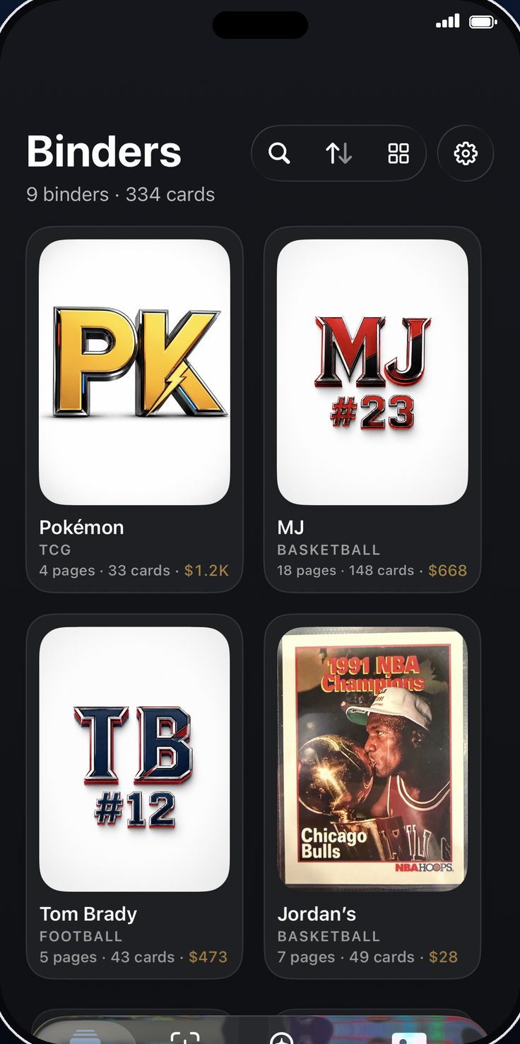 BinderIQ Binders screen: nine binders and 334 cards, each showing its page count, card count, and total value