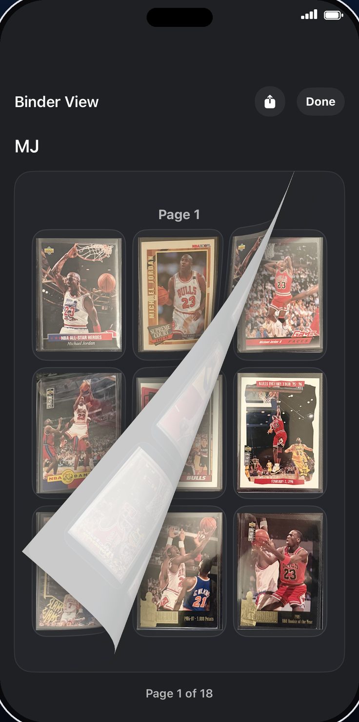 BinderIQ Binder View: a Michael Jordan binder open to page 1 of 18, showing nine cards in a 3x3 pocket grid with a page turning