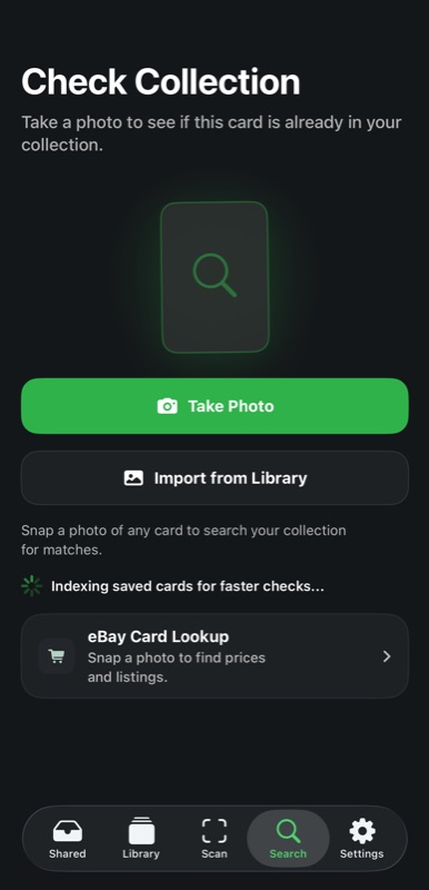 BinderIQ Check Collection tab — snap a photo to see if you already own a card