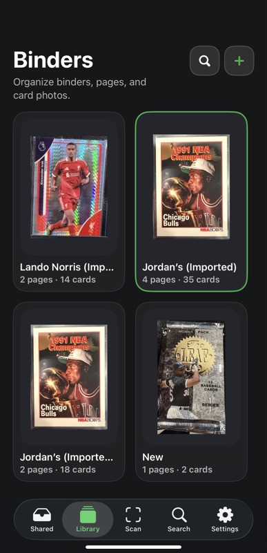 BinderIQ Library tab showing binder grid with card cover photos, page counts, and card counts