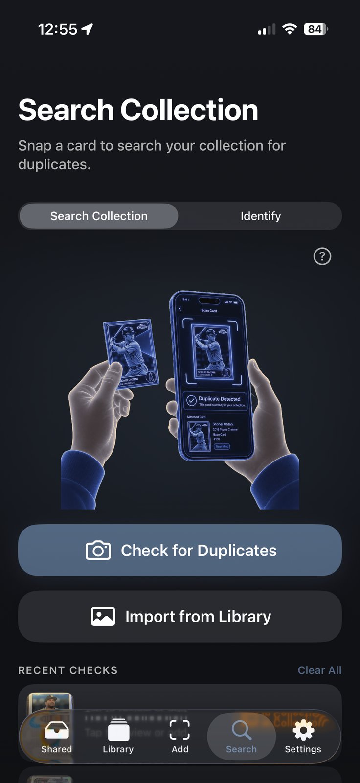 BinderIQ Search Collection screen: snap a card to search your collection for duplicates